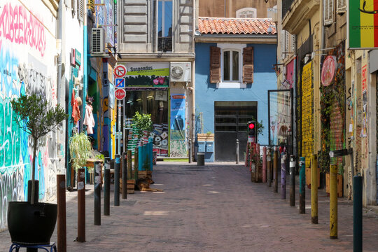 Marseille, France, 09 14 2023 : shot of the famous multicolored rue Pastoret in Marseille, France, in the La Plaine district.