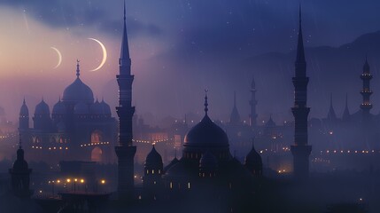 Ramadan Kareem background with mosque and moon, 3d rendering - obrazy, fototapety, plakaty