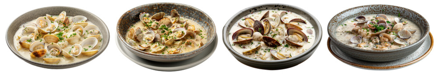 Creamy clam chowder in bowl. Delicious clam chowder garnished with parsley, served in a rustic bowl - Collection isolated on transparent background