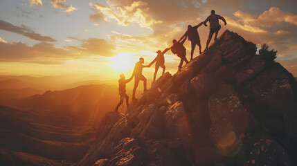 A team of people holding hands and helping each other to reach the top of the mountain in a spectacular mountain scenery at sunset. Business background.