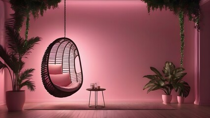 Comfortable hanging chair in modern living room interior, cocoon swing , mockup living room 