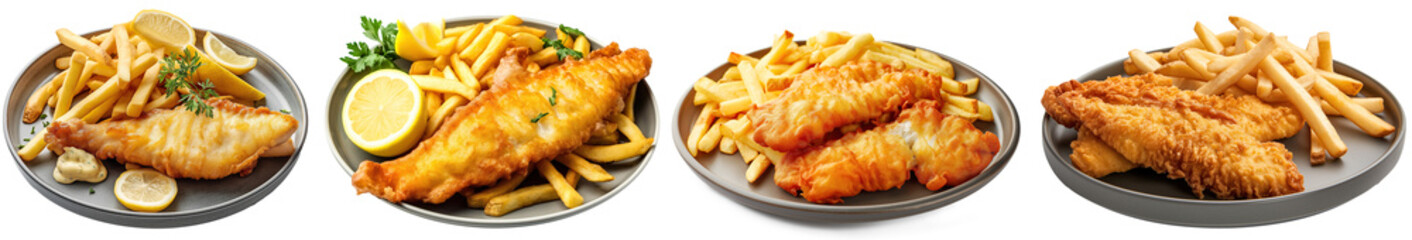 Golden fried fish and chips served on a plate over a transparent background - Collection isolated...