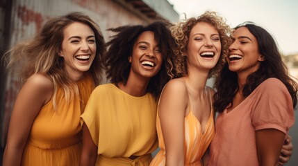 Obraz premium young women smiling together, best friends. girls power. International Women's Day, March 8. Group of women