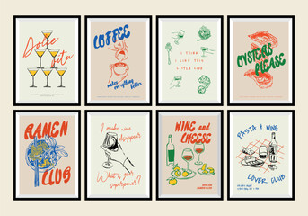 Minimalist hand drawn food and drink vector print poster collection. Matisse style. Art for postcards, branding, logo design, background.