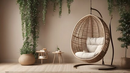 living interior with hanging chair beige theme , modern luxury apartment suite lounge