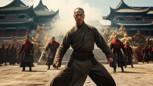 Shaolin Warrior Prepared for Battle in Front of Temple
