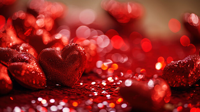 Close up of red glitter hearts on sparkling background. Copy space. Valentines Day. Romantic Concept. Generative AI
