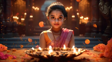 Young Indian girl in traditional dress lighting candles during Diwali festival