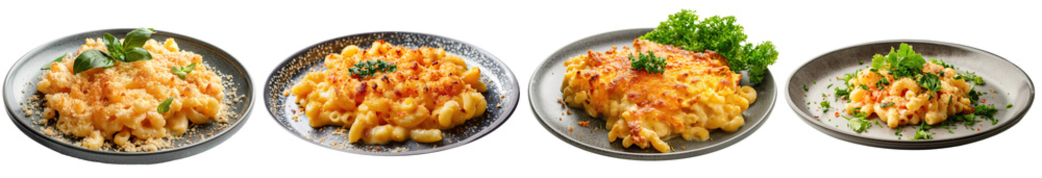 Creamy Baked Macaroni And Cheese On Plate. Savory Baked Mac And Cheese Garnished With Herbs, Served On A Modern Plate - Collection Isolated On Transparent Background