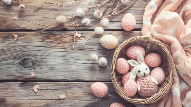 Easter eggs in basket and bunny toy on wooden background with copy space, top view.