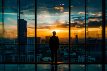 Silhouette of business man following his ambitions. He is looking at the sights of the city.