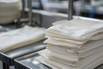 Stacks of napkins in a printing production line.