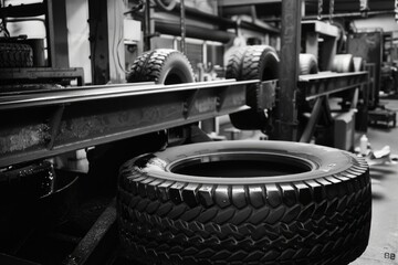 Car tires on assembly line in factory. Industrial manufacturing process.