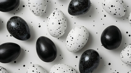 Top view of black and white speckled easter eggs on white background