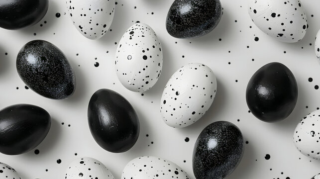 Top view of black and white speckled easter eggs on white background - Powered by Adobe