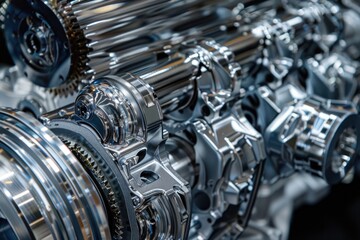 Fototapeta premium Complex metal gears and machine parts in car transmission.