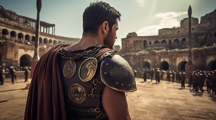 Epic Warrior on Set: Cinematic Photogprahy of a Gladiator From Behind. - obrazy, fototapety, plakaty
