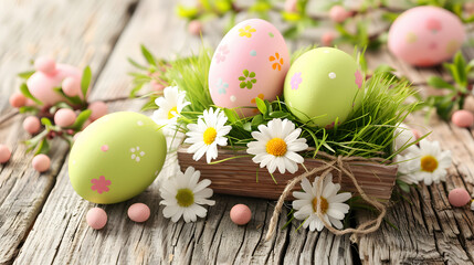 Obraz na płótnie Canvas Colorful easter eggs in nest with daisies on wooden background. Happy Easter concept. 