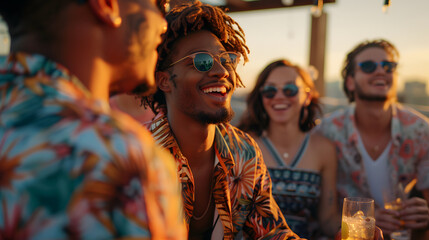 Group of friends having fun on a rooftop party, dancing and drinking beer. Diverse Group of Young Professionals Enjoying a rooftop party at sunset. Young people having fun on a rooftop party.