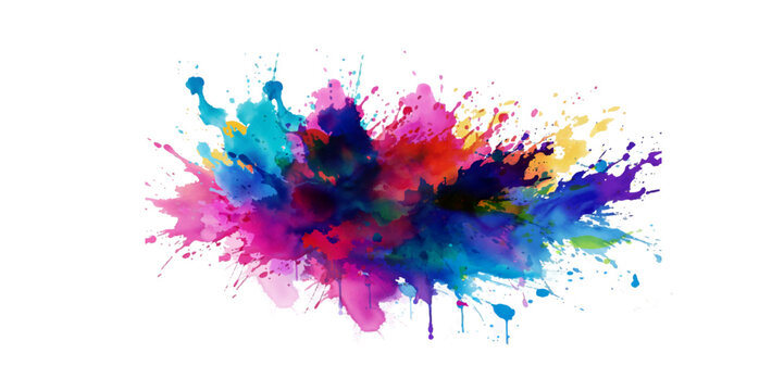 Bright colorful watercolor splash splatter stain brush strokes on white background. Modern vibrant aquarelle spot. Rainbow trendy isolated design on white. Element. Vector watercolor illustration.	