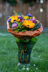 Gorgeous Birthday bouquet featuring orange Gerberas, pink Roses, pink and yellow Carnations....