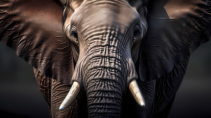 Portrait of elephant in close-up macro photography on dark background