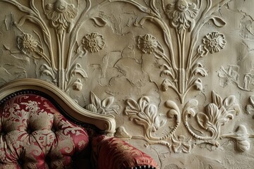 Luxurious Interior Detail with Embossed Botanical Wall Decor and Vintage Chair