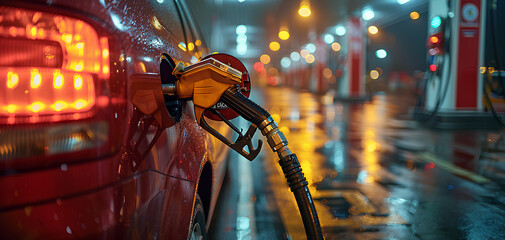 Gas pump nozzle in petrol station background