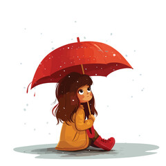 Sweet Girl Under Red Umbrella Rainy Weather 