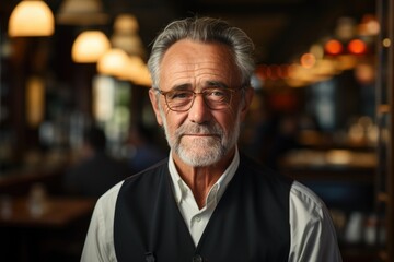 Obraz premium Portrait of a dignified senior man with glasses in a restaurant.