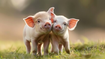 Two piglets standing on a field outside on a pigfarm in Dalarna, Sweden