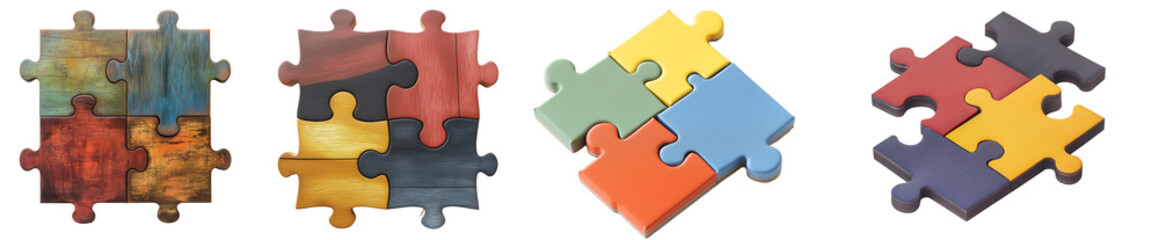 Colorful handcrafted wooden puzzle pieces interlocking seamlessly, a creative solution to the brain teaser challenge - Collection isolated on transparent background - obrazy, fototapety, plakaty