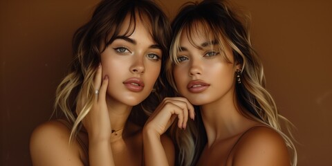 beauty portrait of two women in brown background