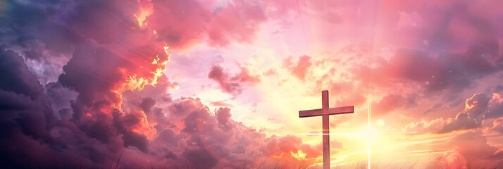 Cross of Jesus Christ on sunset sky background. Christian religion concept. - obrazy, fototapety, plakaty