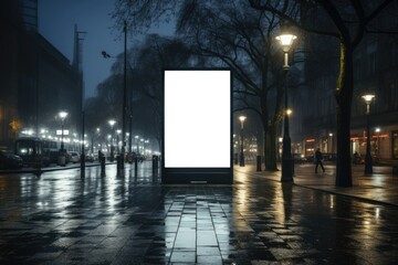 Illuminated blank city billboard at night with wet streets and city lights.