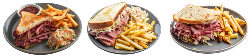 Reuben Sandwich Scrumptious corned beef sandwich with golden fries and coleslaw, ready to eat. Delicious corned beef sandwich with sides on a plate - Collection isolated on transparent background - obrazy, fototapety, plakaty