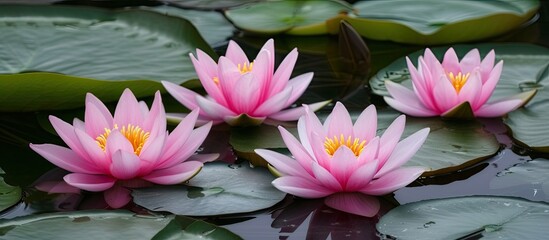 Three pink water lilies blooming beautifully in a pond, surrounded by lily pads. The vibrant flowers add color to the tranquil water landscape.