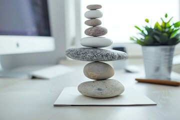 Work-life balance concept Stack of Rocks on Desk. Generative AI