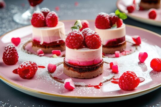 Assorted gourmet desserts on a plate with fresh raspberries