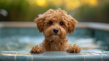Wet apricot poodle in a pool with paws on edge. Close-up pet portrait.