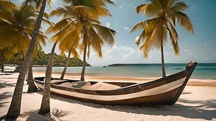 Boat parked on a sandy beach, with gentle waves brushing the shore in the background