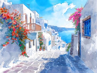 Santorini streets with windows and houses and flowers in watercolor style - obrazy, fototapety, plakaty