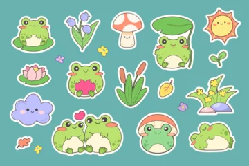 Fotobehang Set of kawaii anime stickers with swamp flora and fauna. Frog, dragonflies, reeds, water lilies, grass. Cute faces for children. Vector illustration © Sonika