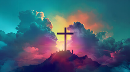 Jesus cross symbol on colorful clouds background. Generative AI colorful clouds background with Christian cross in the middle. Christian religion Cross on spiritual background. - obrazy, fototapety, plakaty