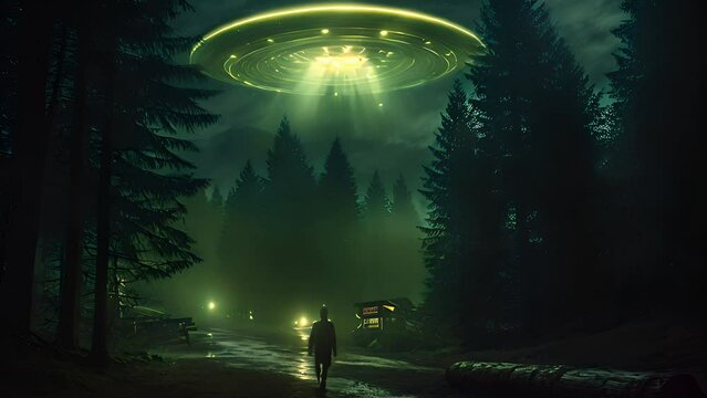 Glowing UFO hovers over a secluded campsite surrounded by dense woods, emitting beams of light near a lone onlooker