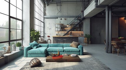 Fototapeta premium Modern industrial loft apartment interior with large windows and open-plan layout.