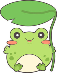 Cute kawaii frog holds lily pad leaf and smiles. Vector illustration on white background, funny sticker
