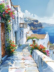 Santorini streets with windows and houses and flowers in watercolor style - obrazy, fototapety, plakaty