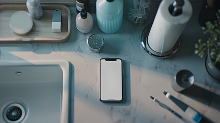 Isolated smartphone device on the bathroom table with blank empty white screen, communication cooking technology concept