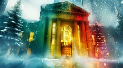 Bitcoin Symbol Illuminated on a Snowy Bank Building Facade